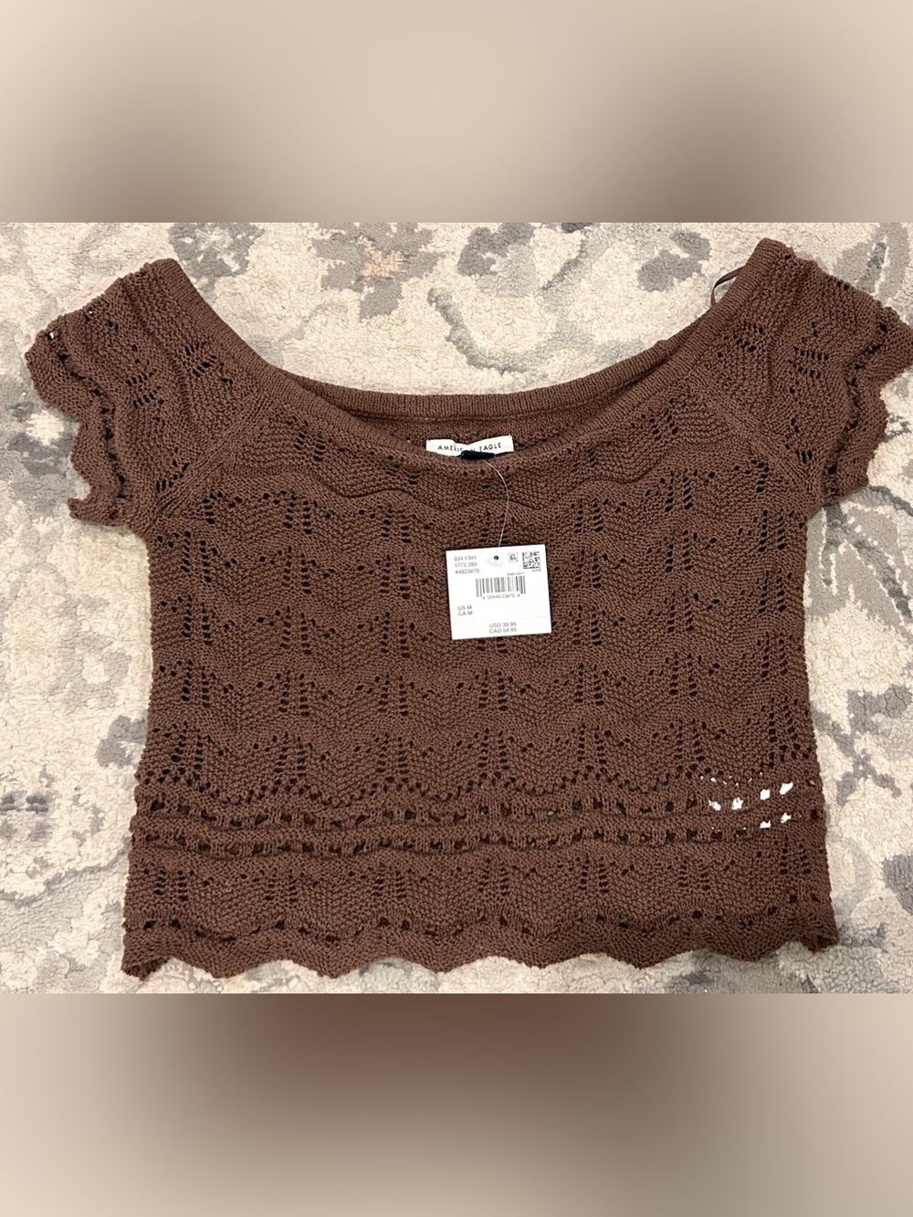 American Eagle Brown Open-Weave Crewneck Sweater Medium
